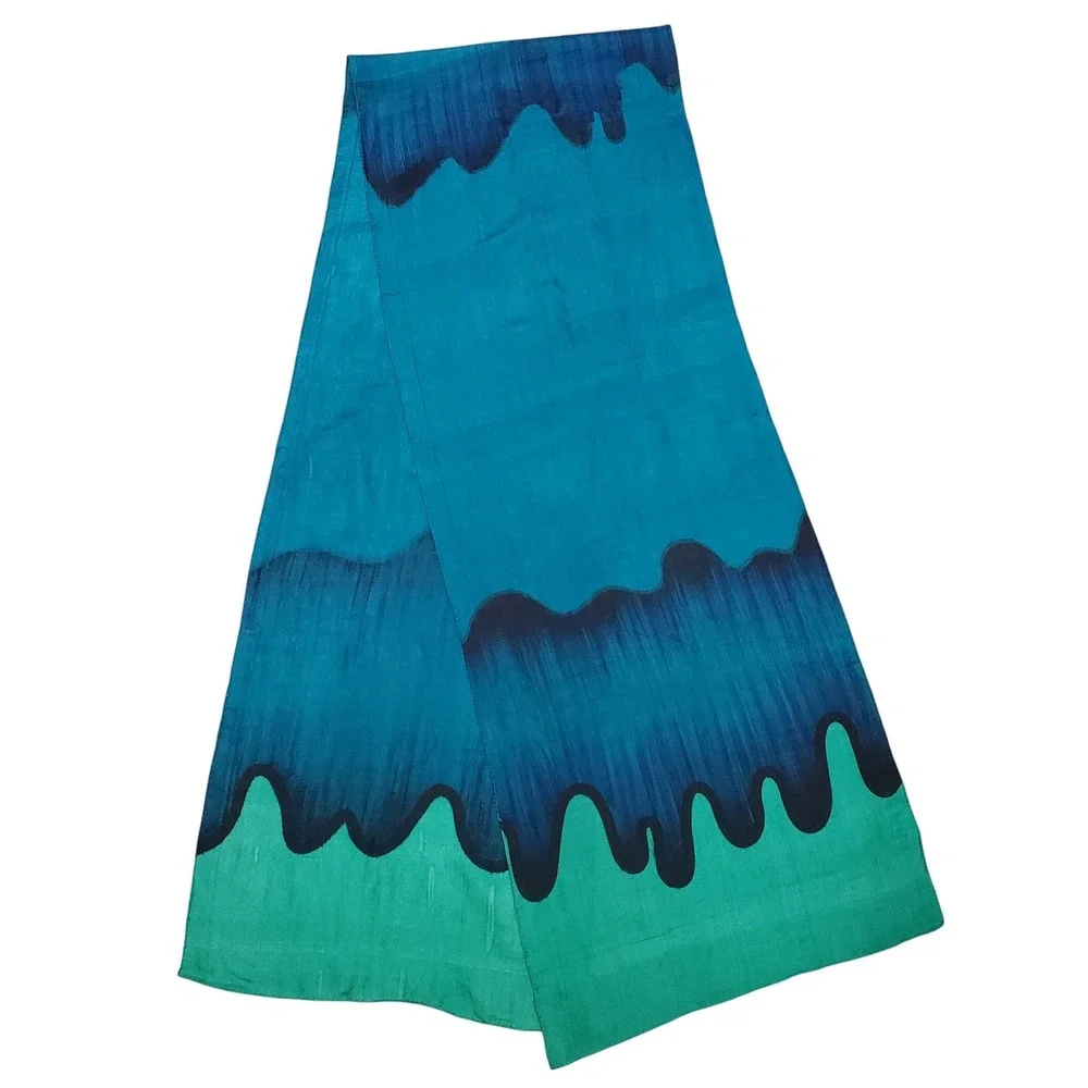 Hand Woven‎ Pure Silk Scarf Teal Blue Green Abstract Drip Design India